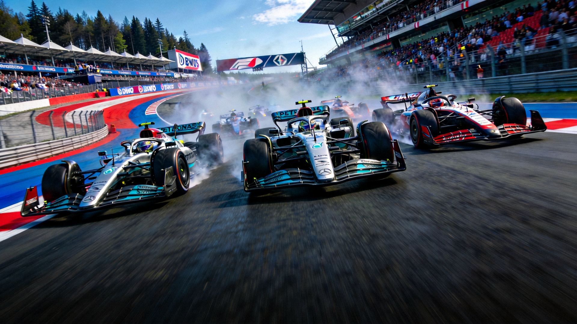 F1一级方程式赛车在赛道上极速狂飙的震撼全景画面